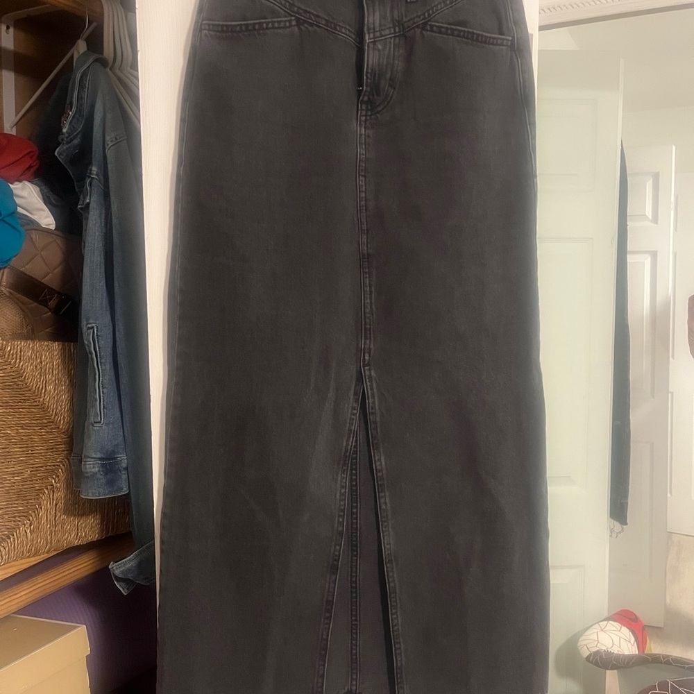 Mango front slit black washed look denim maxi skirt with frayed hem
